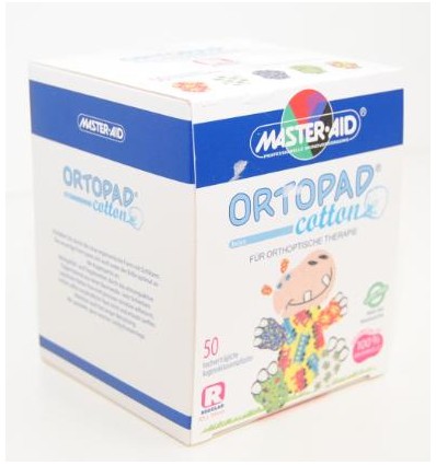 Parches oculares adhesivos Ortopad Boys Medium sin brillo, envasados en caja de 50 unidades, utilizados en tratamientos de Ortóp